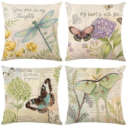 Throw Pillow Covers 16x16 Set of 4 Spring Summer Pillow Covers Linen Flower Butterfly Farmhouse Pillowcases for Sofa Couch Living Room Outdoor