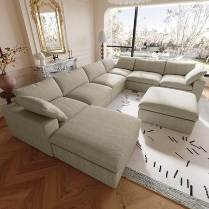 Cloud Modular Sectional Sofa,Down Filled Comfort Oversized Living Room Sets for Living Room,Large 8 Seater Minimalist Wide Deep Seat Convertible Couches,Sofa Cover Washable & Removable (Khaki)