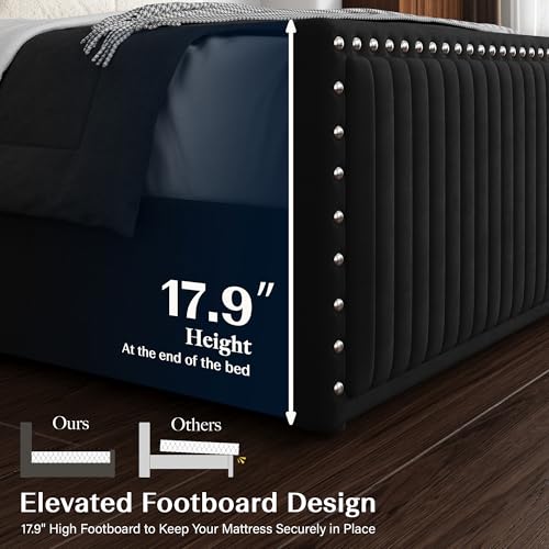 Queen Size Bed Frame with 55" Headboard Nailhead Trim Design, Black, view 7