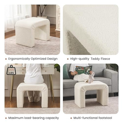 Modern Boucle Ottoman Footstool, 24" Arched Upholstered Vanity Stools for Makeup Room, Small Foot Rest for Entryway, Living Room, Bedroom (Fully Assembled)，White