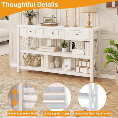 Console Table for Entryway, Wood and Metal Sofa Table with 3 Drawers for Living Room, Farmhouse Hallway Tables and Modern Couch Tables Behind Sofa (54.72 Inch Long, White Oak)