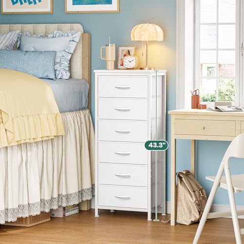 Tall Dresser for Bedroom, Stable 6 Drawer Dresser with Anti-Tip Device, PU Leather & Fabric Drawers, Tall Nightstand for Closet, Nursery, Storage Tower for College Dorm High Beds, White