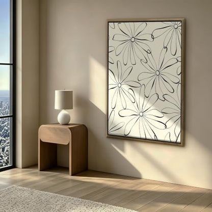 Black Line Daisy Flower Pattern Wall Art Canvas Print, minimal floral line art artwork in black and cream for bedroom, bedroom, office, apartment, modern farmhouse, and cozy(24x36Inch,Black Framed