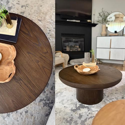 Round Coffee Table 36" Wood for Living Room Large Modern Solid Wooden Drum Circle Farmhouse Center Mid-Century Sofa Side Coffee Tables for Apartment Home Furniture Cocktail Tea Brown Easy Assemble