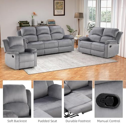 Manual Recliner Sofa Set, Microfiber Reclining Couch Furniture Set for Living Room, Includes 1 Recliner Chair, 1 Loveseat Sofa and 1 3-Seater Reclining Couch, Grey