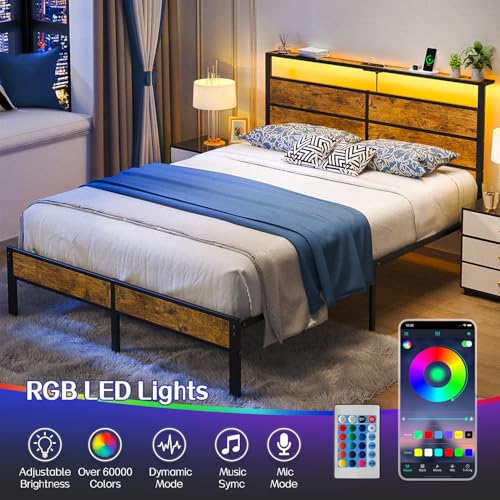 Full Size Bed Frame, Full Bed with Charging Station Headboard and LED Lights, view 4