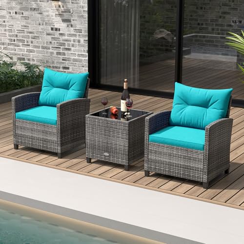 3 Piece Patio Furniture Set, Outdoor PE Rattan Conversation Set with Washable Cushions & Tempered Glass Tabletop, Wicker Chairs and Table Set for Porch, Garden, Balcony (Turquoise)