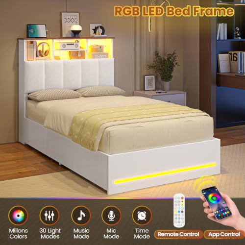 Twin Size Bed Frame with Storage Headboard & 4 Drawers, LED Lights, White, view 6