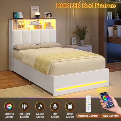 Twin Size Bed Frame with Storage Headboard & 4 Drawers, LED Lights, White, view 6