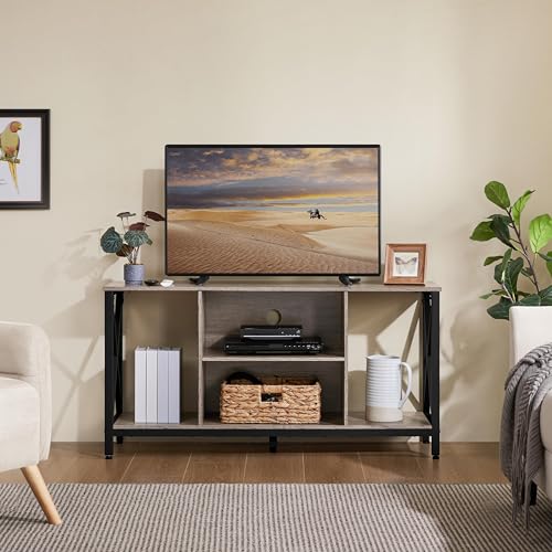 Yaheetech Industrial TV Stand for 55 Inch TV, Entertainment Center Media Console Table with Open Storage for Living Room, Wood Modern Furniture, Gray
