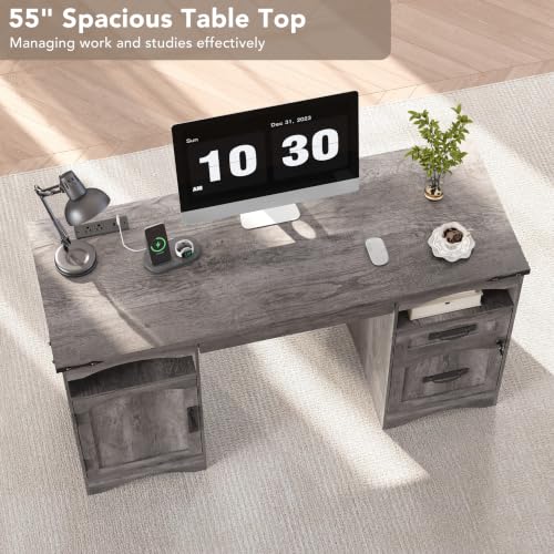55'' Farmhouse Executive Desk with Drawers & Charging Station, Grey, view 7