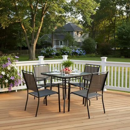 32" Square Outdoor Dining Table with Tempered Glass Top, Outside Bistro Table with 2" Umbrella Hole & Metal Frame, Patio Dining Table for Backyard, Lawn, Deck & Poolside