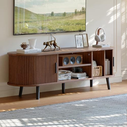 Mid Century Modern TV Stand for TVs up to 60 Inch, Entertainment Center with Fluted Sliding Doors and Hidden Storage, TV Console with Adjustable Shelf for Living Room, Bedroom, Walnut