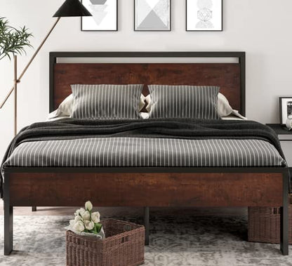 14 Inch Queen Size Metal Platform Bed Frame with Wooden Headboard and Footboard, view 4