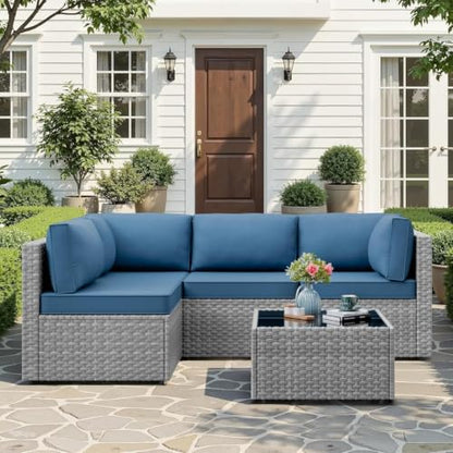 5-Piece Patio Furniture Set, All-Weather Wicker Outdoor Sectional Sofa with Soft Cushions, Modular Conversation Set for Backyard, Deck, Garden & Poolside(Aegean Blue Cushion)