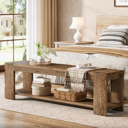 Solid Wood Entryway Bench with Storage Shelf, 55.12-Inch 2-Tier Wood Shoe Bench Seating for Entrance, Hallway, Dining Room, Living Room, Mudroom, Bedroom, Rustic Brown
