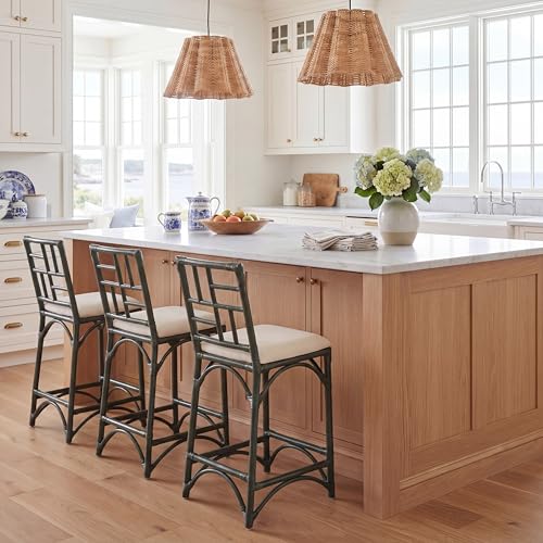 SAFAVIEH Furniture - Christine 23.6" Seat Height Counter Stool - White & Forest Green - Handwoven Rattan Design - Fully Assembled - Ideal for Kitchen, Dining Room & Kitchen Island (BST6509E)