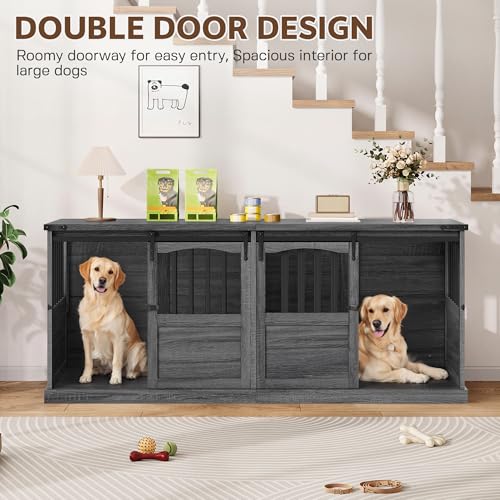 72" Double Dog Crate Furniture, Extra Large Dog Kennel with Barn, view 3