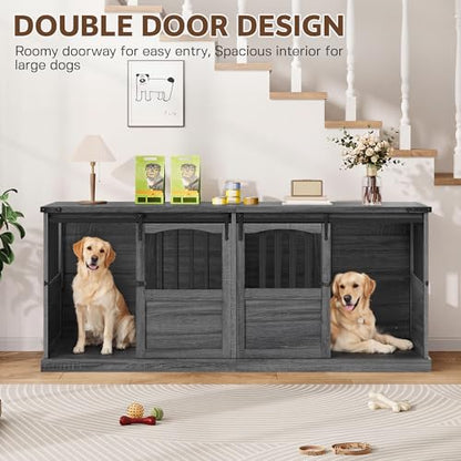 72" Double Dog Crate Furniture, Extra Large Dog Kennel with Barn, view 3