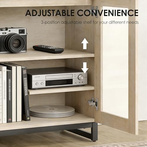 Modern TV Stand with Glass Doors for 40-70 inch TVs, 2 in 1 Entertainment Center Console with Adjustable Shelves and Metal Base for Living Room, Bedroom, Beige
