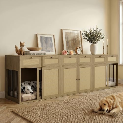 3-Piece Double Dog Crate Furniture, 120 Inch, Light Oak, view 2