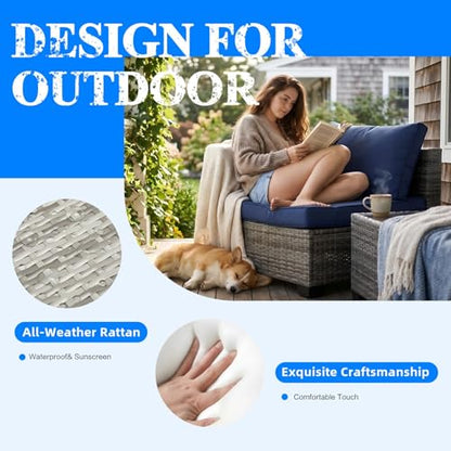 7-Piece Outdoor Patio Furniture Set, Grey PE Rattan Weaving Sofa with Navy Blue Cushions and Steel Frame, Coffe Table Included, Outdoor Conversation Set for Balcony, Porch, Backyard