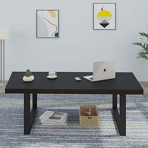Modern Black Coffee Table, Minimalist Industrial Wooden Center Table, Simple Farmhouse Rectangle Living Room Table, Wood and Metal Cocktail Coffee Table for Home Bedroom Office, Black Oak, 47 Inch