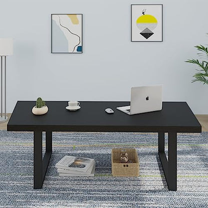Modern Black Coffee Table, Minimalist Industrial Wooden Center Table, Simple Farmhouse Rectangle Living Room Table, Wood and Metal Cocktail Coffee Table for Home Bedroom Office, Black Oak, 47 Inch