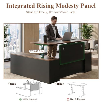 78.74" L-Shaped Electric Executive Desk with Filing Cabinet,Walnut/Black, view 5