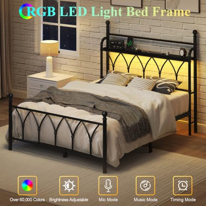 Full Size Metal Bed Frame with Storage Headboard, Charging Station, Black, view 5