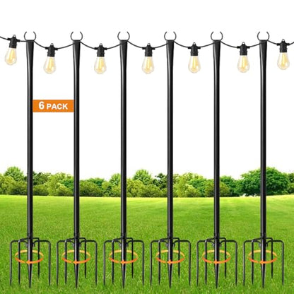MuliVid 6 Pack 9FT String Light Poles for Outdoor,Metal Lights Hanging Pole Outside with Fork,Light Stand for Patio, Pergola, Garden, Backyard, Yard, Camping Party