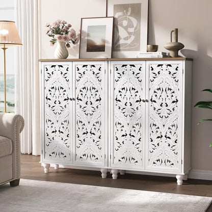47" Tall Accent Cabinet with Carved Doors & Storage for Living Room | Vertical Storage, Carved Floral Design, Mandala White Buffet, Boho/Farmhouse/Rustic Style, Adjustable Shelves, Easy Assembly