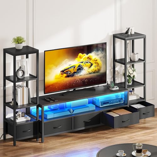 89.2" TV Stand, 5 Drawers & 2 Side Bookshelves, Black, view 4