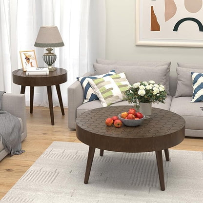 Round Coffee Table Set of 2, Nesting Tables with Honeycomb Pattern, Modern End Table for Living Room, Farmhouse, Brown