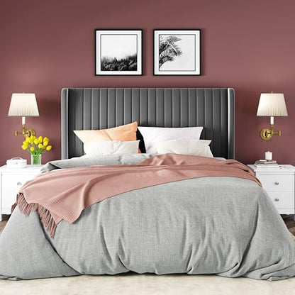 Queen Size Velvet Bed Frame/Vertical Channel Tufted Wingback, view 5