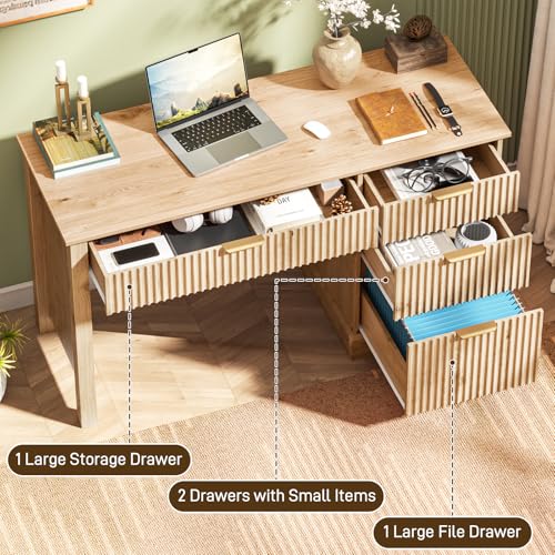 Fluted Executive Desk with Drawers, Wood Computer Desk with Ample File Drawer, Home Office Desk with Storage for Study, Bedroom, Living Room, Oak