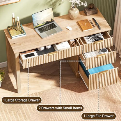 Fluted Executive Desk with Drawers, Wood Computer Desk with Ample File Drawer, Home Office Desk with Storage for Study, Bedroom, Living Room, Oak