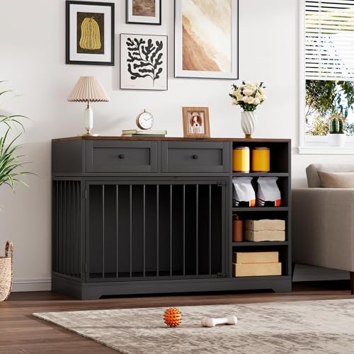 Wooden Dog Crate Furniture, Indoor Dog Kennel TV Stand with Storage, Black, view 4