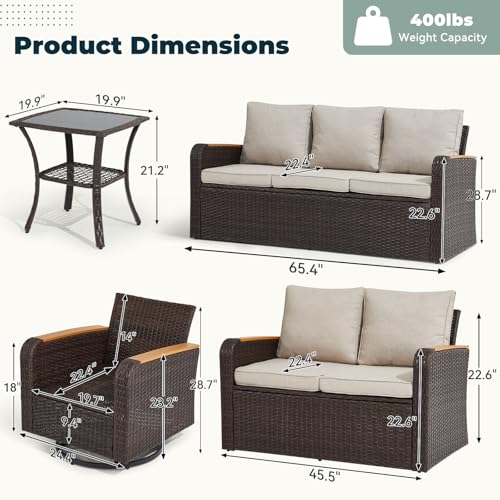 6 Pieces Patio Furniture Sets with Swivel Chairs, Wicker Outdoor Furniture Set for Porch Deck Bistro Lawn Garden Backyard Poolsid- Brown Rattan/Khaki