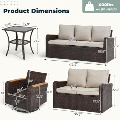 6 Pieces Patio Furniture Sets with Swivel Chairs, Wicker Outdoor Furniture Set for Porch Deck Bistro Lawn Garden Backyard Poolsid- Brown Rattan/Khaki