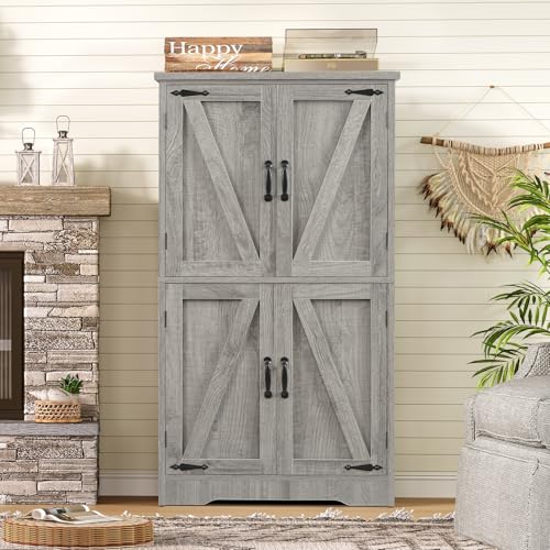 Farmhouse Storage Cabinet with 2 Adjustable Shelves, Bathroom Cabinet with 4 Doors, Cupboard for Kitchen, Living Room, Rustic Gray