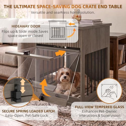 Wooden Dog Crate Furniture End Table with Drawer for Small Dogs (Grey), view 7