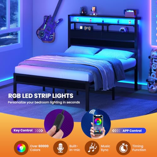 Full Size Bed Frame with LED Lights and Charging Station, view 4