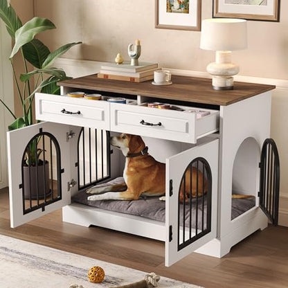 43.3" Dog Crate Furniture End Table with Storage Drawers, White, view 4