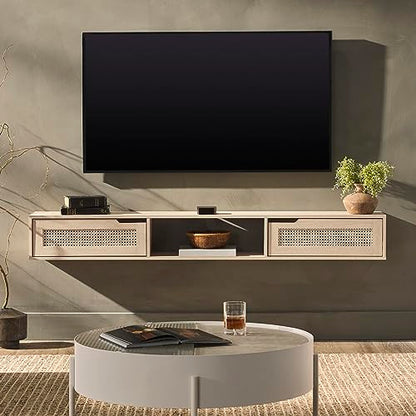 Destin Modern Rattan Flip-Down-Door Wall-Mounted Floating TV Stand for TVs up to 65 Inches, 58 Inch, Coastal Oak