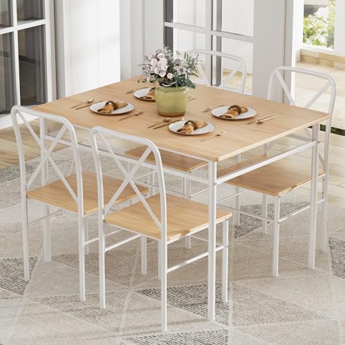 Dining Table Set for 4, 5-Piece Wood Kitchen Table with Chairs for Small Space, Breakfast Nook, Space-Saving, Natural White