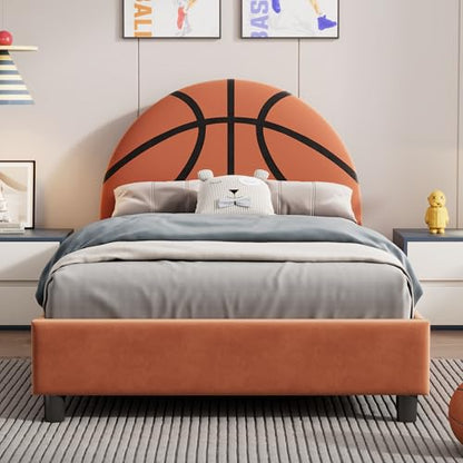 Basketball Design Twin Size Bed Frame for Kids,Twin Boys Bed Frame,Sports Theme Upholstered Platform Bed with Headboard for Boys,Girls,Orange