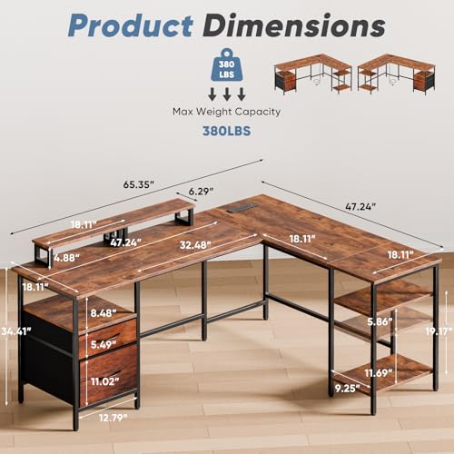 62” L Shaped Desk with Drawers and Power Outlet, Rustic Brown, view 4