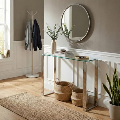 Forli Small Entry Way Console Table Contemporary Glass and Stainless Steel Finish 28 in Wide Accent, Silver and Clear