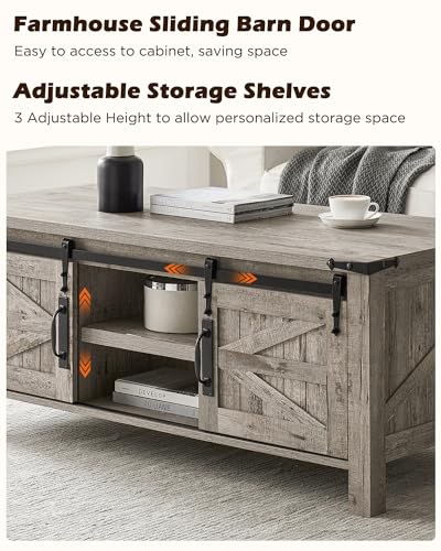 48" Farmhouse Lift Top Coffee Table with Sliding Barn Door,Rustic Center Table w/Hidden Storage Compartment, Lift Tabletop Dining Table w/Adjustable Shelf for Living Room,Light Rustic Oak